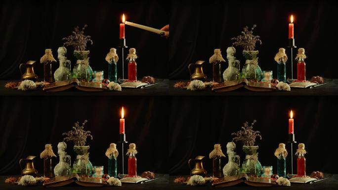 用巫术物体照亮桌子上的烛台