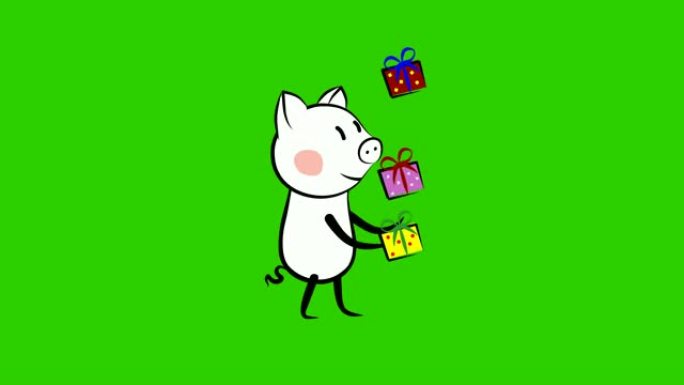 猪角色杂耍与礼物动画