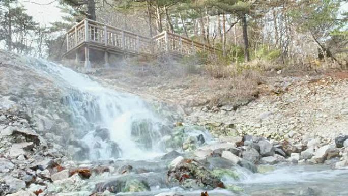 在日本草津温泉，温泉源被收集到水池中，热水在温暖的溪流中流下山谷