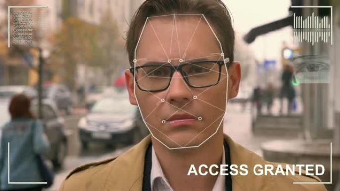 未来主义和技术扫描一个美丽的男人的脸，用于面部识别和扫描的人。