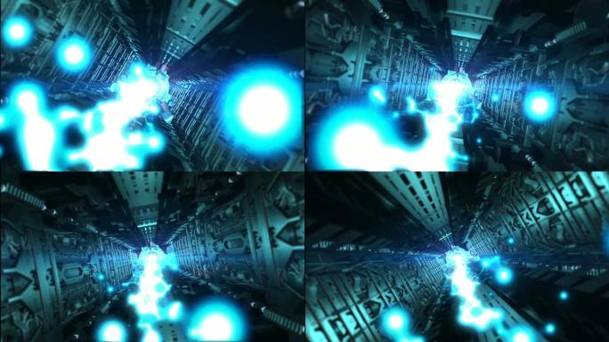 带有蓝色激光的抽象科幻飞船走廊
