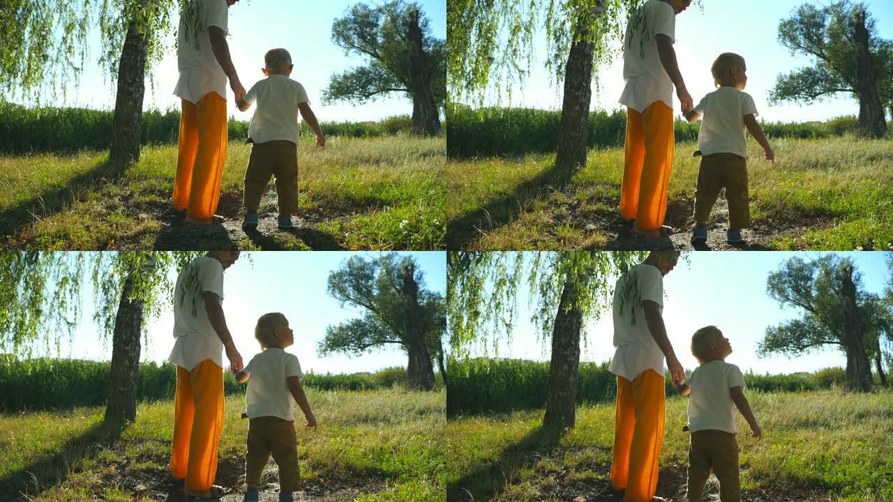 在夏日和爸爸一起穿过绿色公园时，小孩抬头在一棵高大的树上。年轻的父亲和可爱的儿子在户外共度时光。背景