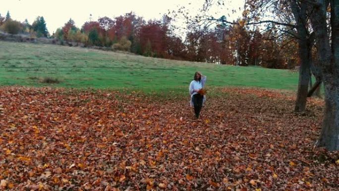 年轻漂亮的女孩在秋天的森林里玩得开心。她拿着一束黄色的叶子。她跑着看着摄像机。她很开心。她脸上挂着微