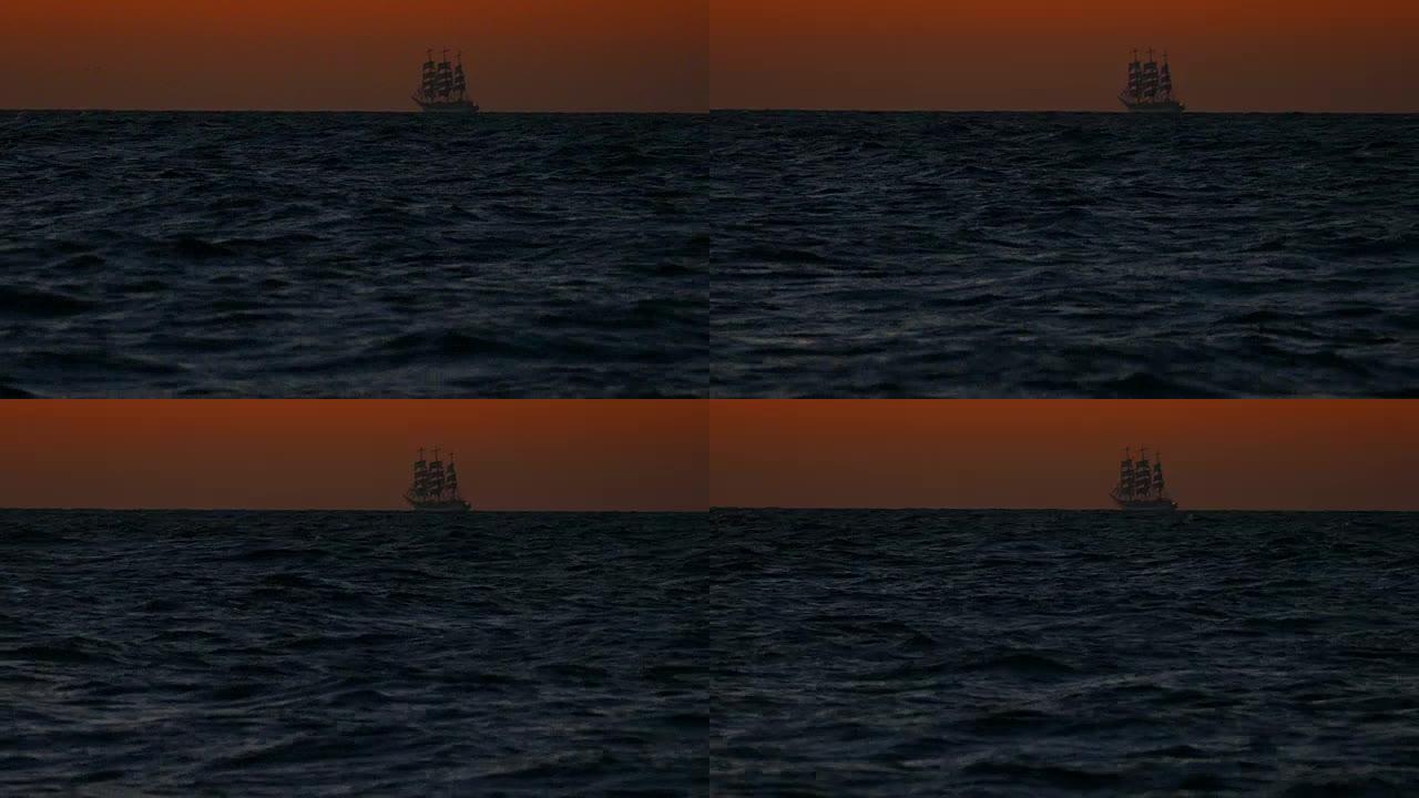 地平线上的夜晚和古老的帆船