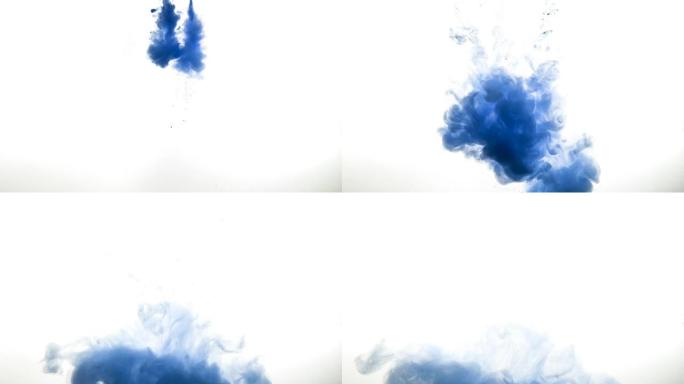 白色背景上的三个蓝色油漆在水中喷洒。