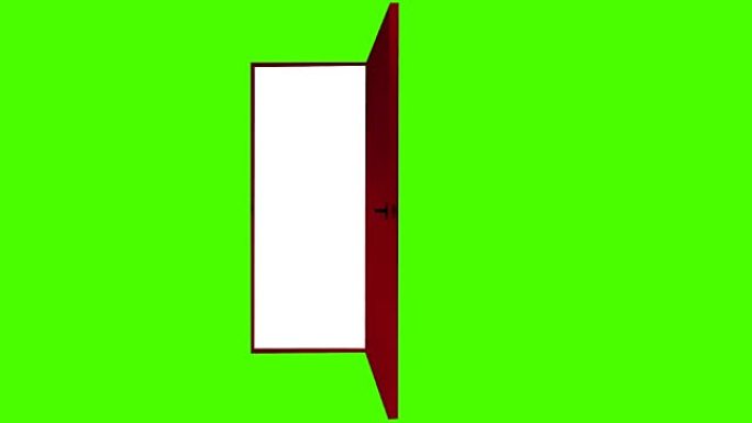 红色的门打开并放大绿色背景。孤立的绿色屏幕