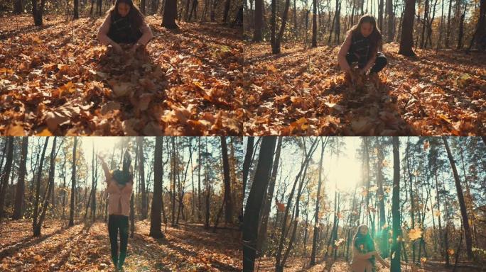 青春期的女孩在森林里玩干燥的树叶，在空中呕吐
