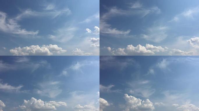 白云在蓝天上的烈日中消失。循环具有延时运动云，并以美丽的蓝天为后盾。延时运动云蓝天背景和太阳。