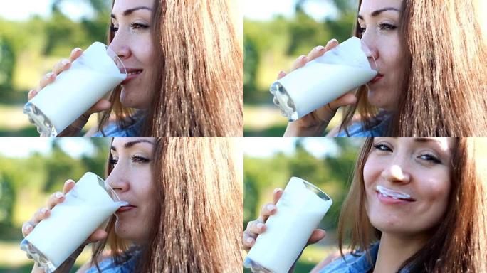 年轻女子喝牛奶饮料-牛奶，开菲尔，酸奶。