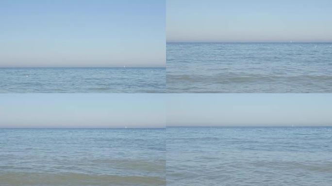 美丽的海洋蓝色沙滩风景，海鸥和海浪4k