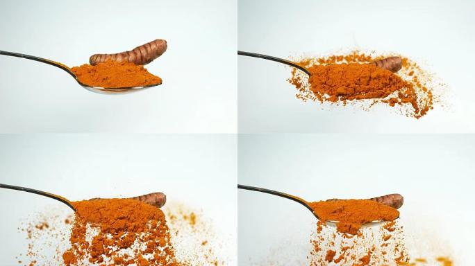 姜黄，姜黄，姜粉上的根掉落，印度香料，慢动作4K
