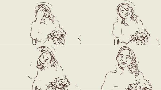 动画卡通素描，女性在野外放松的面部表情，复古风格