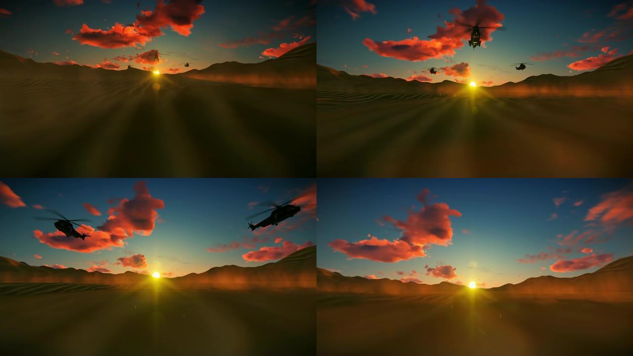 黑鹰直升机穿越甜点对抗美丽的日落，4K