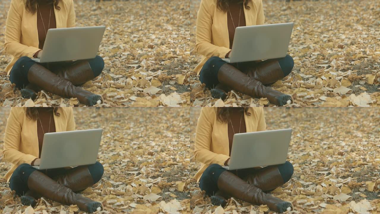 在公园里的笔记本电脑上工作的女孩在公园里阳光明媚的秋天。