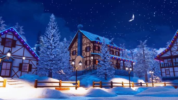 在平静的冬夜，舒适的白雪覆盖的山村