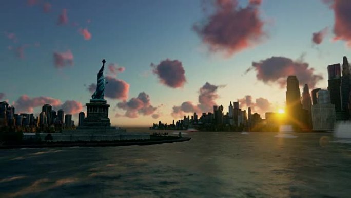 埃利斯岛的自由女神像与纽约的天际线和船只，缩小，时间流逝