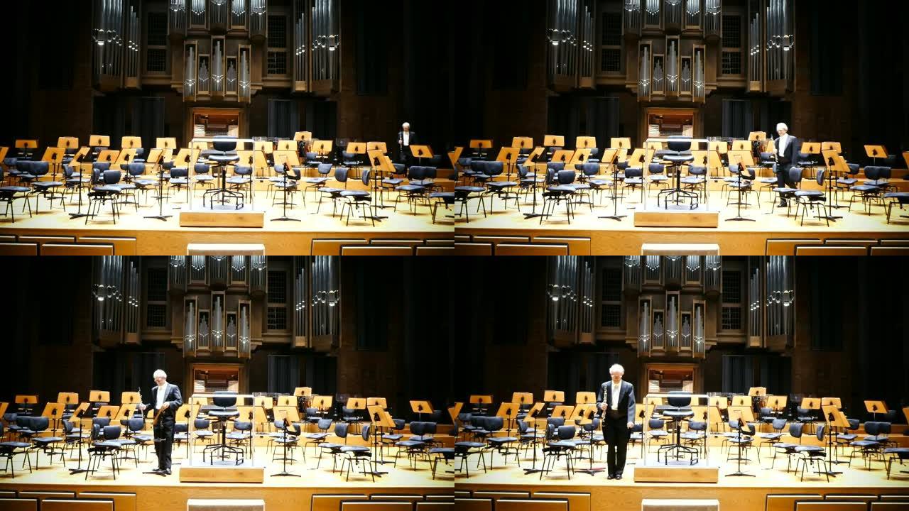 美丽的音乐厅里的双簧管演奏者。