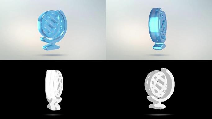 地球仪图标由玻璃制成。带有阿尔法通道蓝绿色的半透明旋转地球仪图标。无缝循环符号3D图形