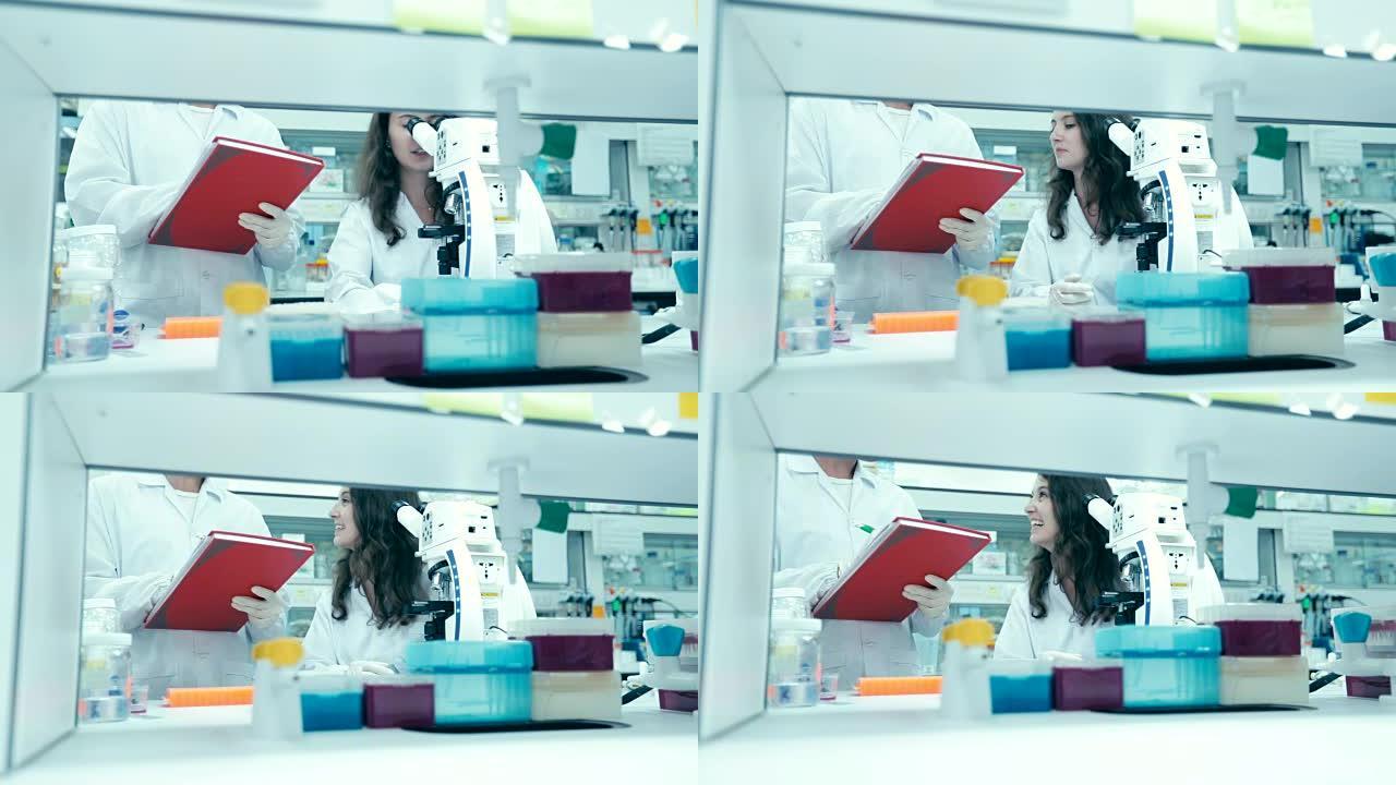 在实验室工作的科学家，在实验室里观察显微镜寻找治疗方法的研究人员，概念科学，慢动作