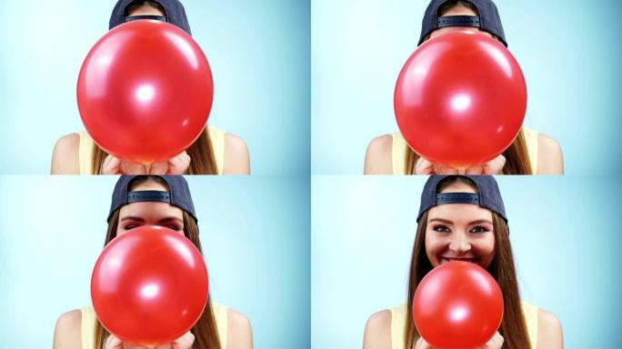 女人休闲风格玩红色气球4K