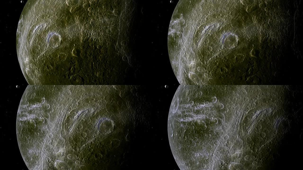 土星的卫星Dione的表面，在外层空间旋转