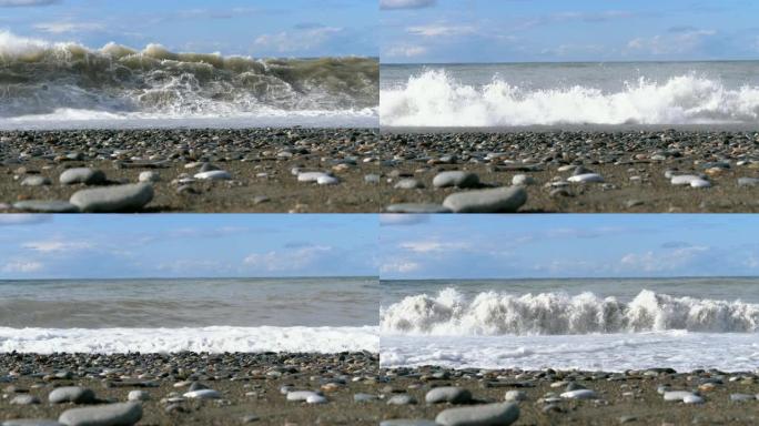 海上风暴。石岸的仰视图。巨大的海浪在海滩上撞击