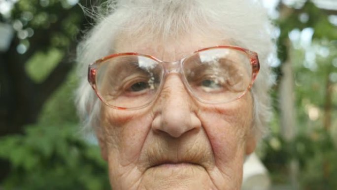 戴眼镜的老妇人看着相机的特写镜头。户外祖母的肖像。