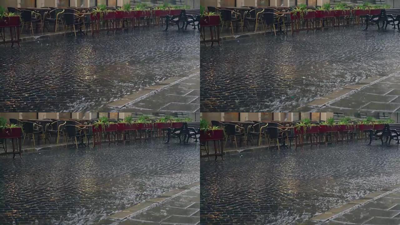 在下雨的天气里，水流流经人行道。