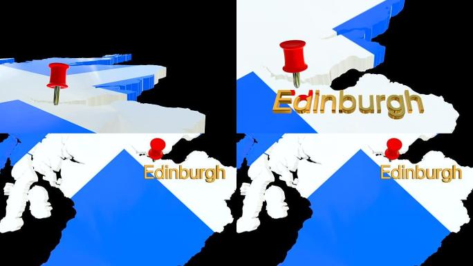 苏格兰地图与alpha通道和3D地图引脚突出爱丁堡的位置