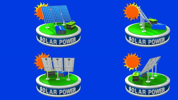 太阳能设备的3D动画，由3个太阳能电池板，一个逆变器和一个电池组成，旋转360度，太阳在蓝色背景上落