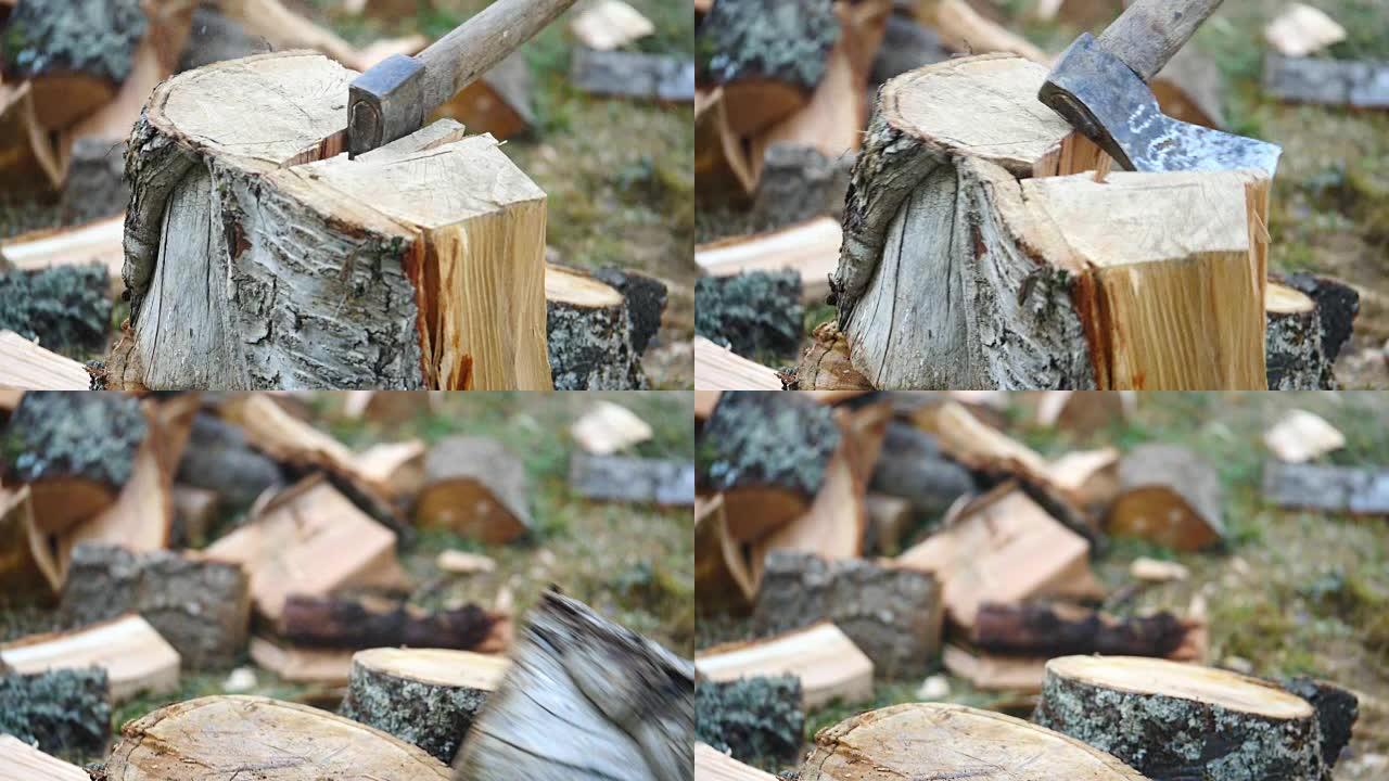 一个人砍木头的慢动作镜头