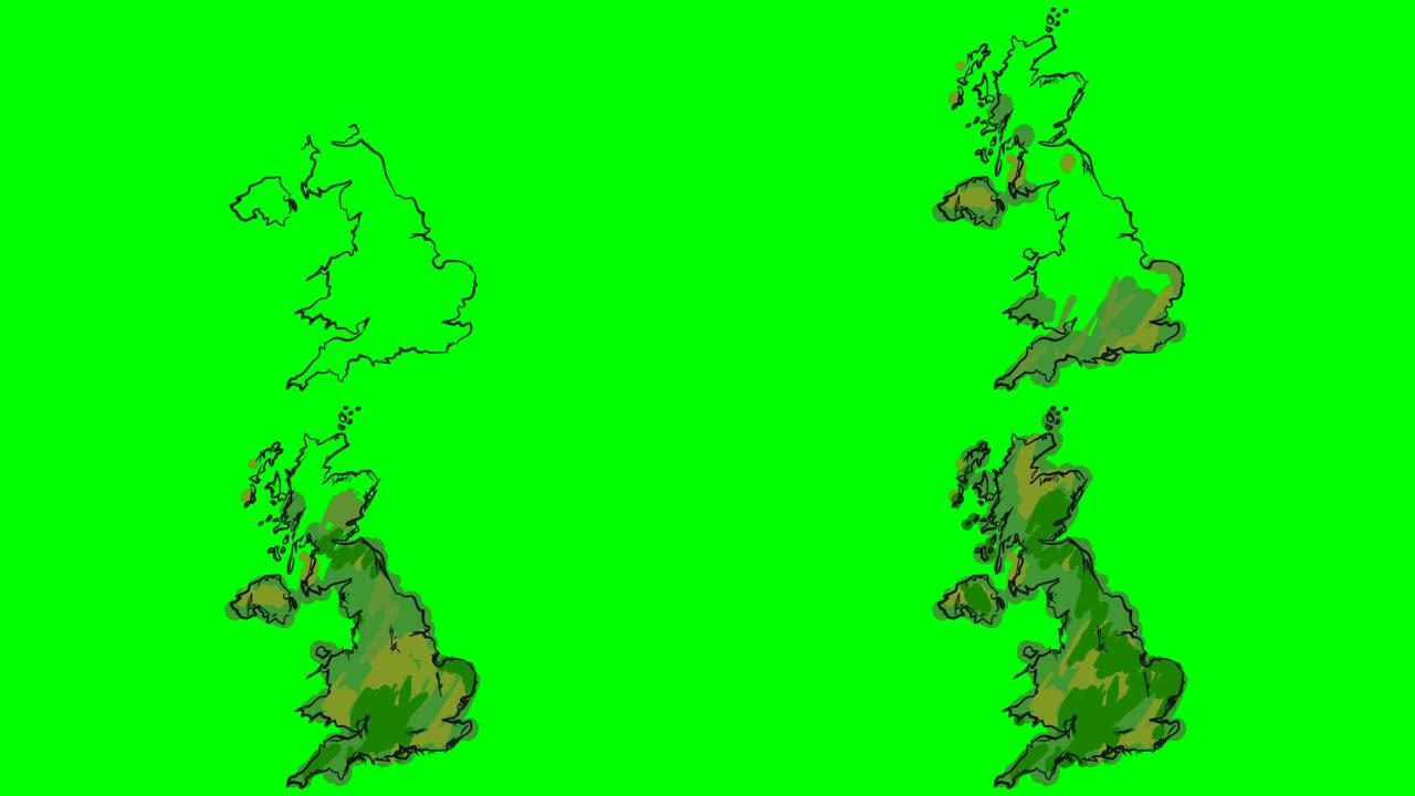 英国在绿屏隔离的白板上绘制彩色地图