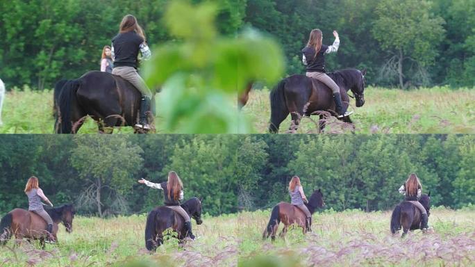女孩骑手骑在一匹马上，另一个骑在马背上的女孩被送到森林的一边