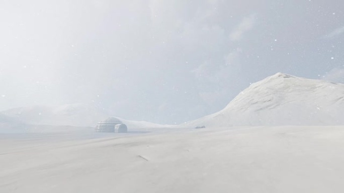 猎人看着雪豹经过北极冰屋附近，暴风雪4K
