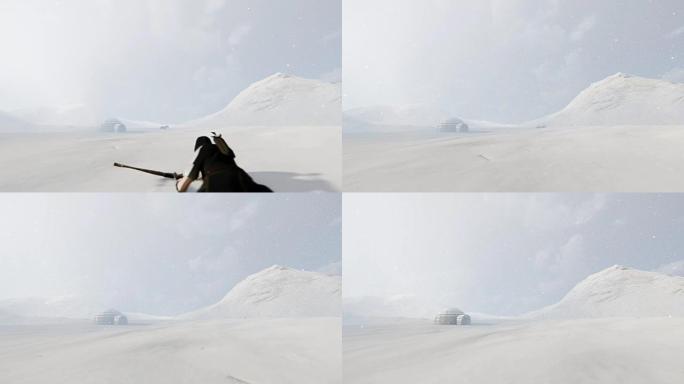 猎人看着雪豹经过北极冰屋附近，暴风雪4K