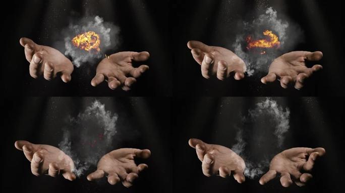 魔术师用火和烟的手