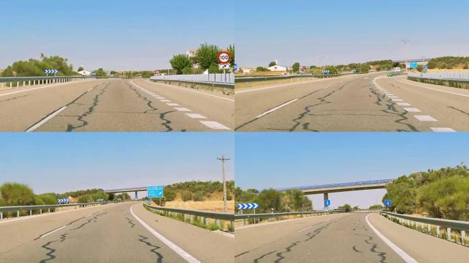 西班牙阿斯图里亚斯高速公路汽车挡风玻璃的驾驶视图