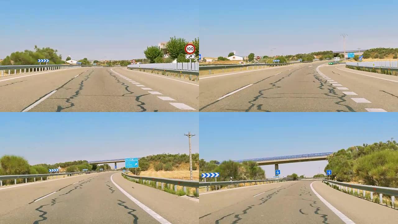西班牙阿斯图里亚斯高速公路汽车挡风玻璃的驾驶视图