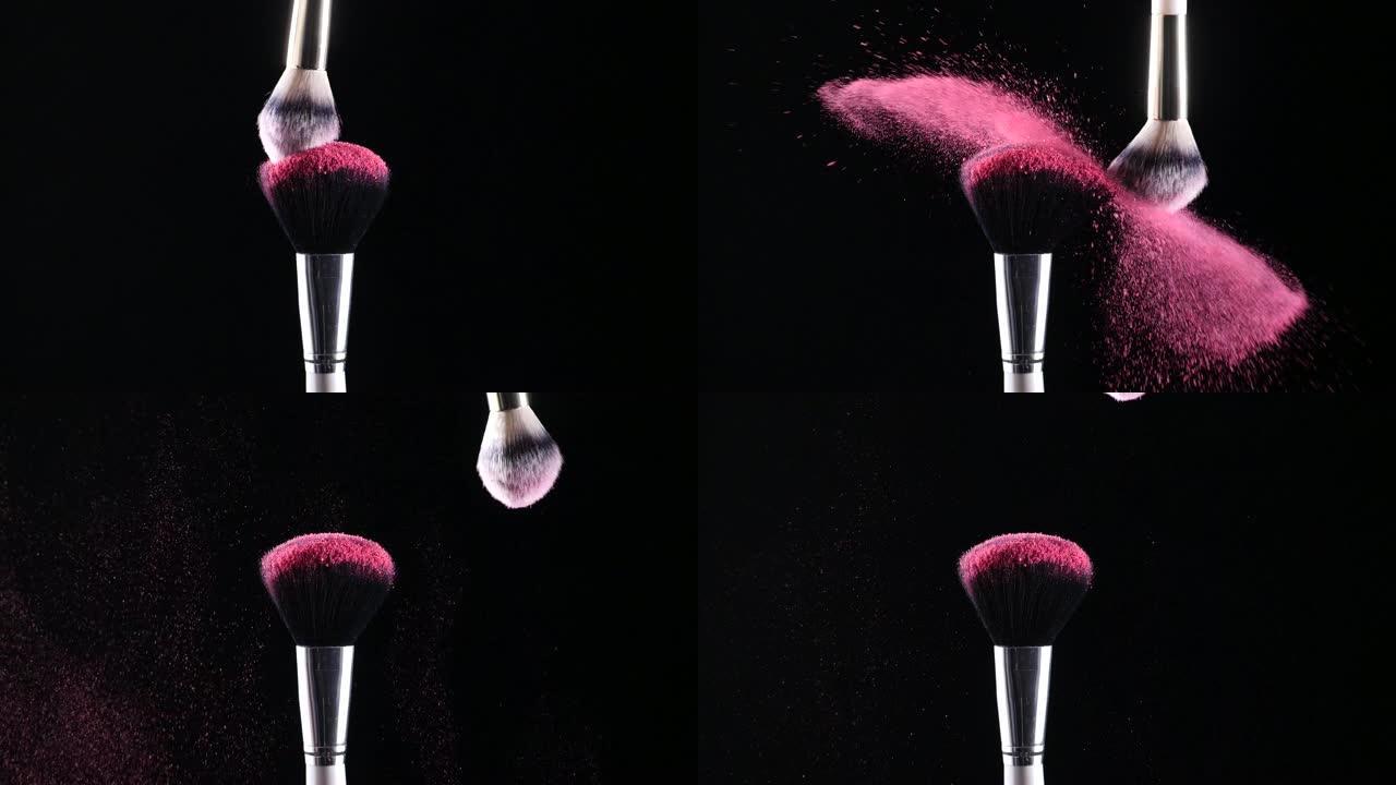 两个化妆刷相撞，产生彩色粉末2的爆炸