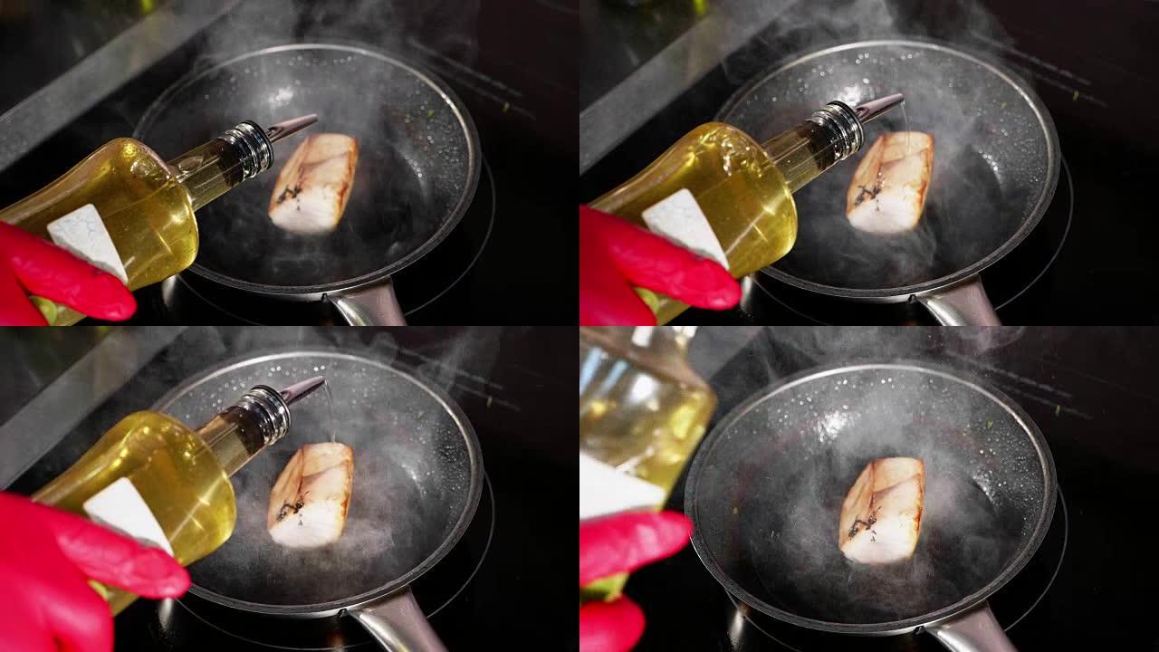 煎鱼，金枪鱼片在慢动作的蒸锅上。
