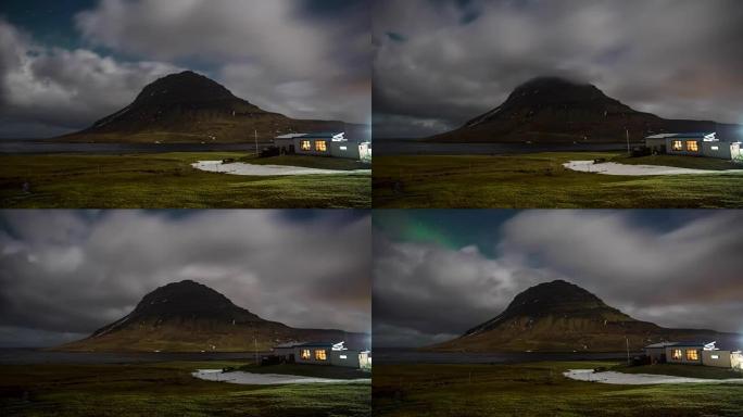 冰岛柯克朱费尔山上空的全高清延时电影视频电影北极光之夜