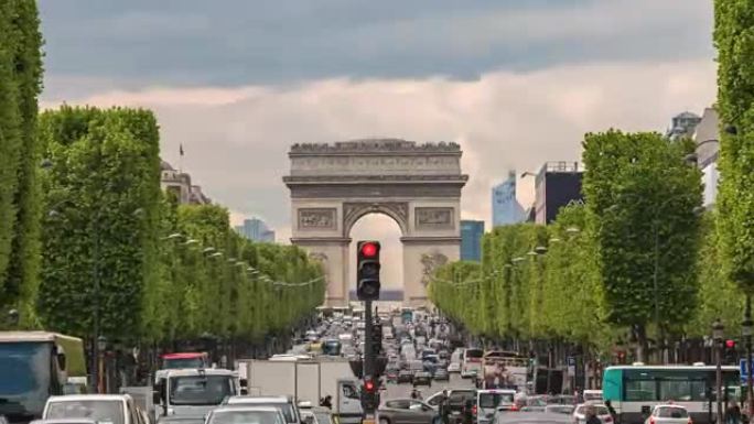 巴黎法国时间流逝4K，凯旋门和香榭丽舍大街的城市天际线延时