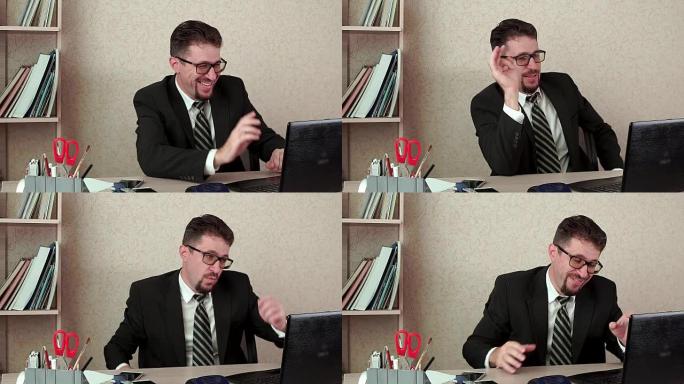 办公室经理男人，留着胡须和眼镜，通过笔记本电脑中的视频链接交谈。