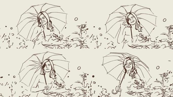 动画卡通素描，女人在野外放松的面部表情，欢迎和招手标志，撑伞