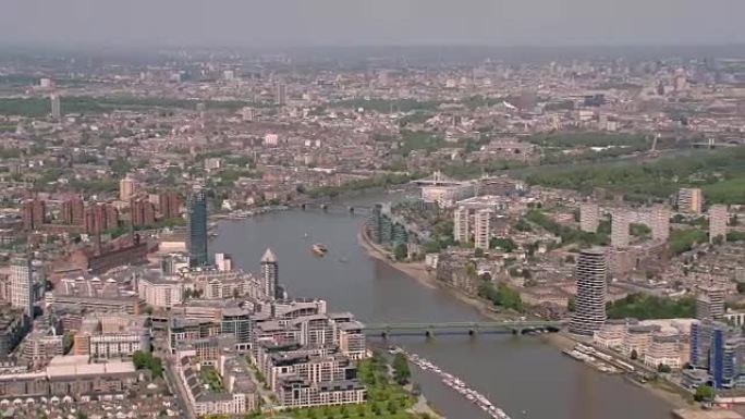 英国伦敦泰晤士河的鸟瞰图。4K