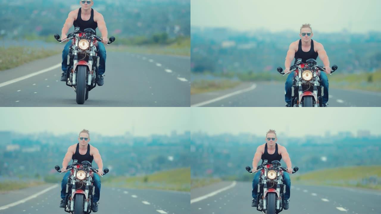 在高速公路上骑摩托车的人。相机从下到上跟随焦点