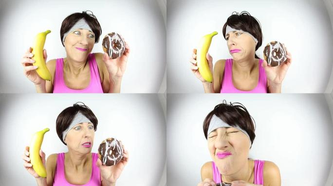 健身女人选择甜甜圈而不是健康的香蕉