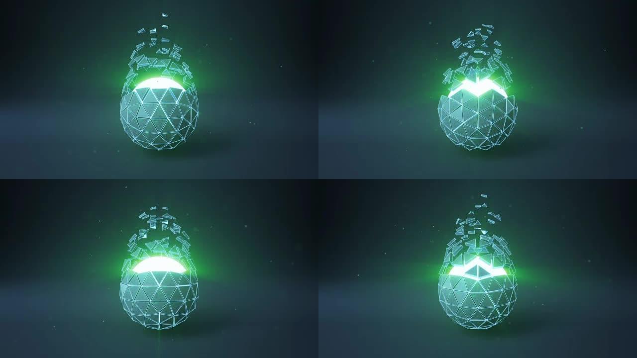 二十面体球形状和蓝绿色发光核心可循环3D渲染动画