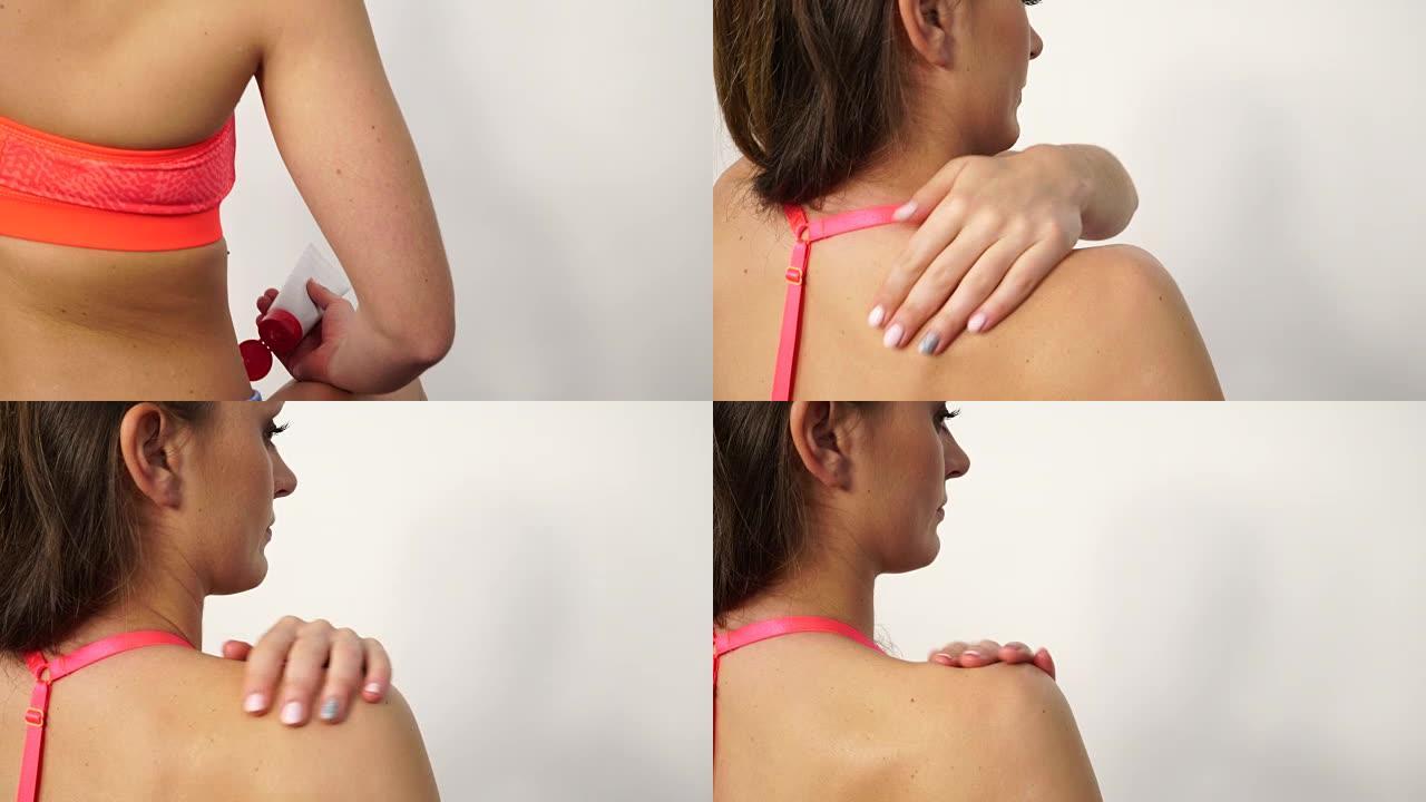 女人在受伤的手臂上涂上药膏steadicam 4K