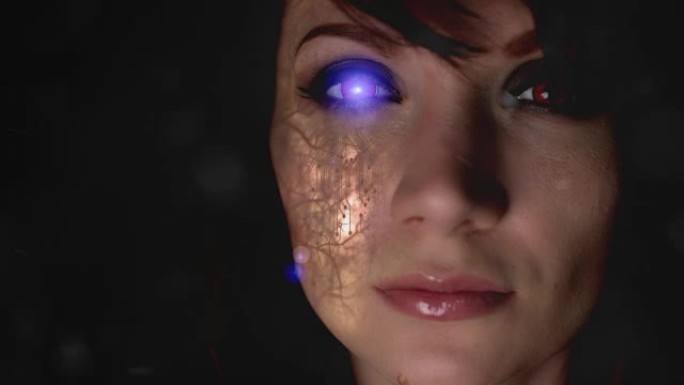 带CGI动画的女性机器人脸的4k特写